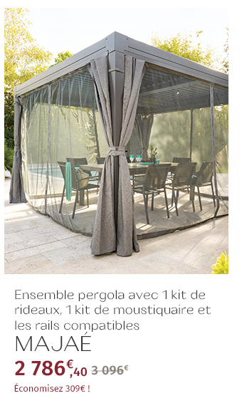 Pergola bioclimatique MAJAÉ + 1 kit de rideaux et 1 kit de moustiquaire