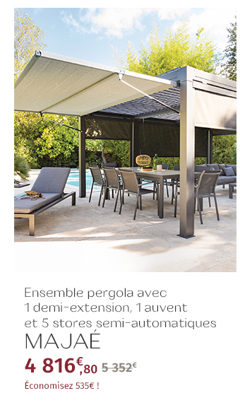 Ensemble pergola MAJAÉ avec demi-extension, 5 stores et 1 auvent