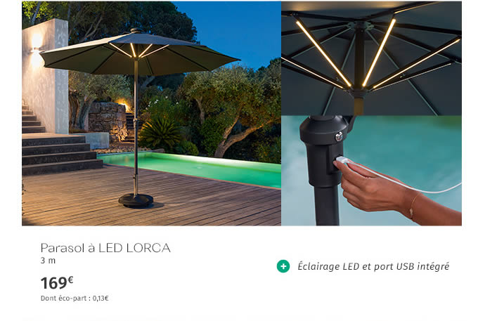 Parasol à LED LORCA 3m, Éclairage LED et port USB intégré, 169€ Dont éco-part : 0,13€